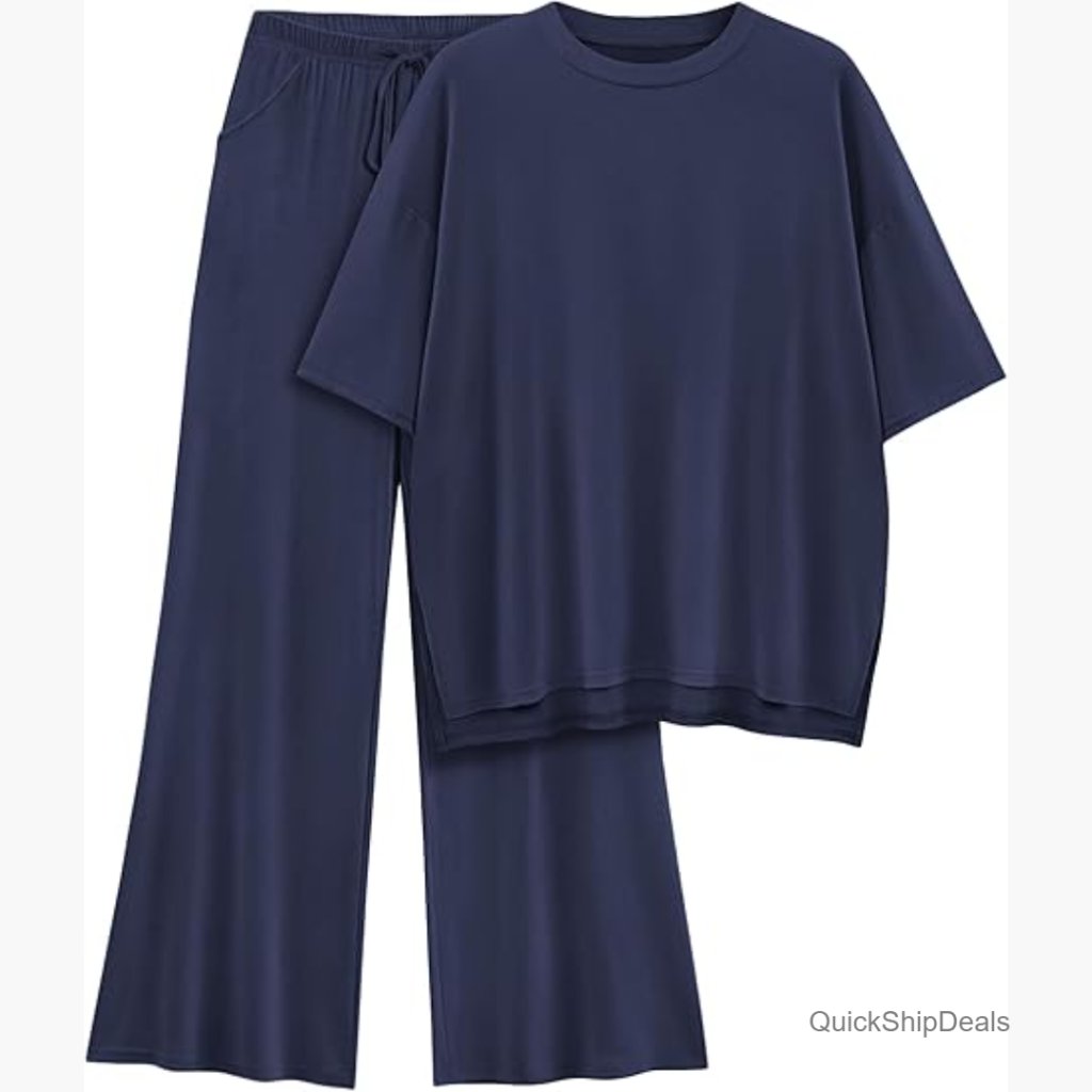 Rayon Blend Lounge Set Oversized Short Sleeve Wide Leg Pants